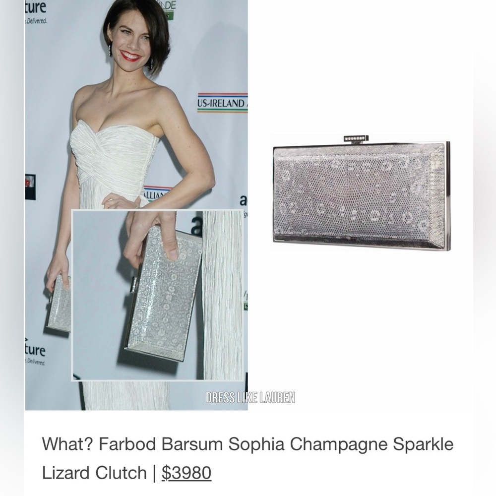 Actress Lauren Cohan Oscar clutch.Farbos Barsum Champagne Sparkle Lizard Clutch